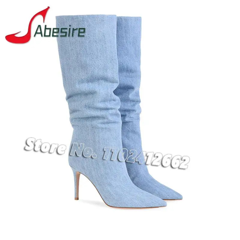 

New Denim Ladies Knee Long Boots Fashion Pointed Toe Slip On Thin High Heels Spring and Autumn Female Women's Casual Shoes Boots