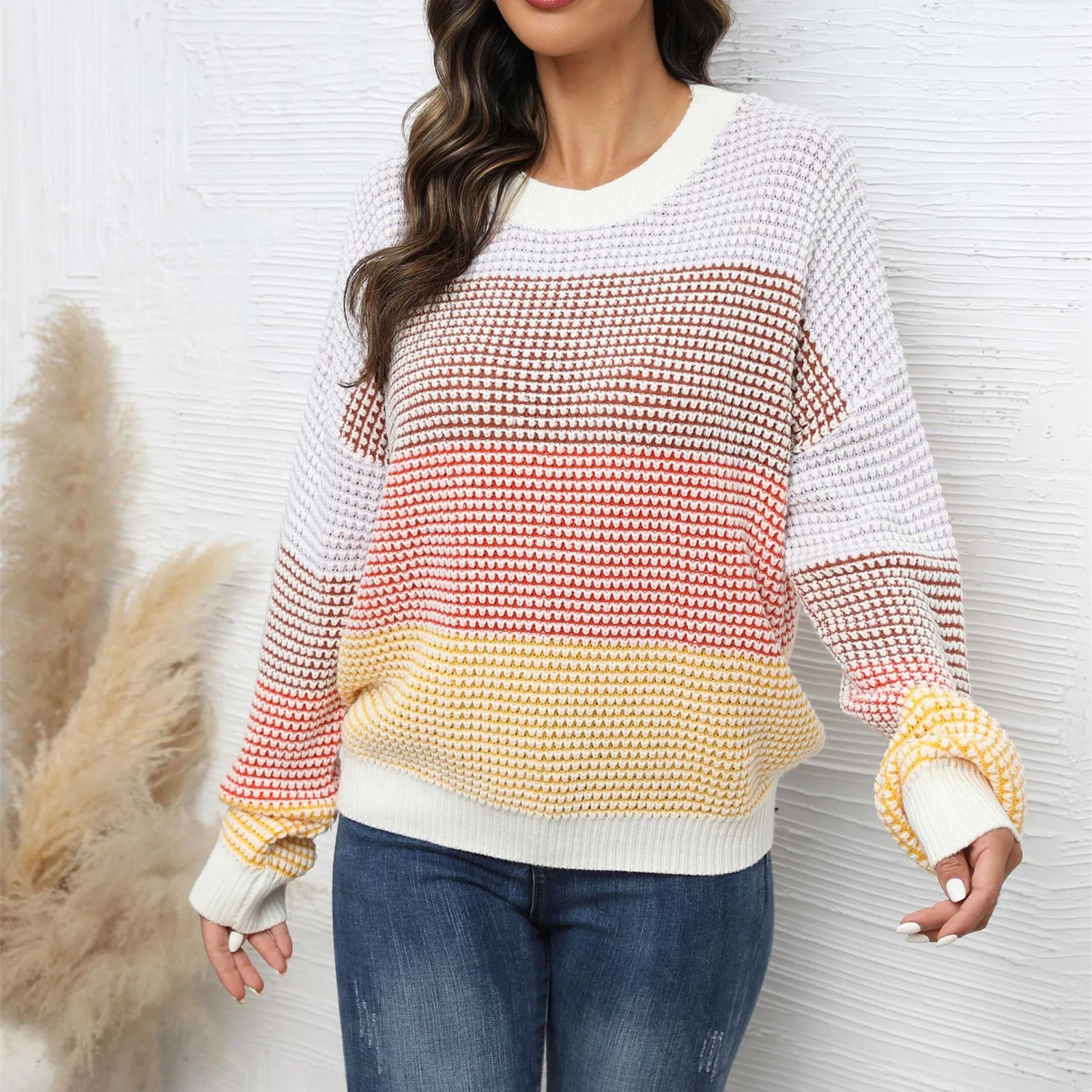 

Knitted Sweater Color Women'S Oversized Casual Loose Fit Plus Size Female 2023 Block Round Neck Streetwear Daily Fashion Top