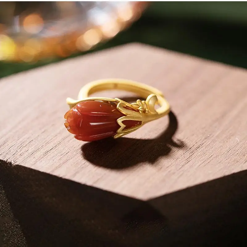 

Original S925 Sterling Silver Southern Red Agate Magnolia High-End Elegant Women's Open Ring Gold Inlaid Ring