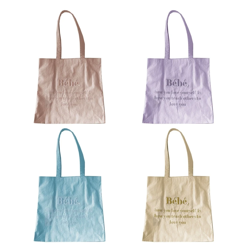 

28GD Girls Macaron Color Letter Embroidered Canvas Bag Shoulder Bag Large Capacity Student Book Tote Bag Handbag for College