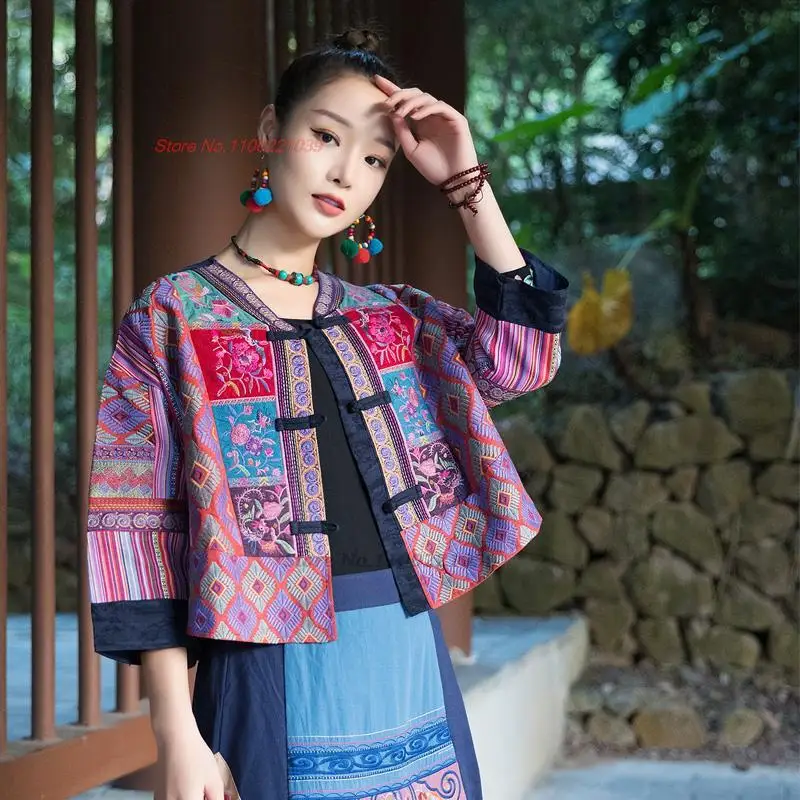 2023 chinese vintage jacket women ethnic cotton linen short coat national flower embroidery cardigan vintage oriental tang suit