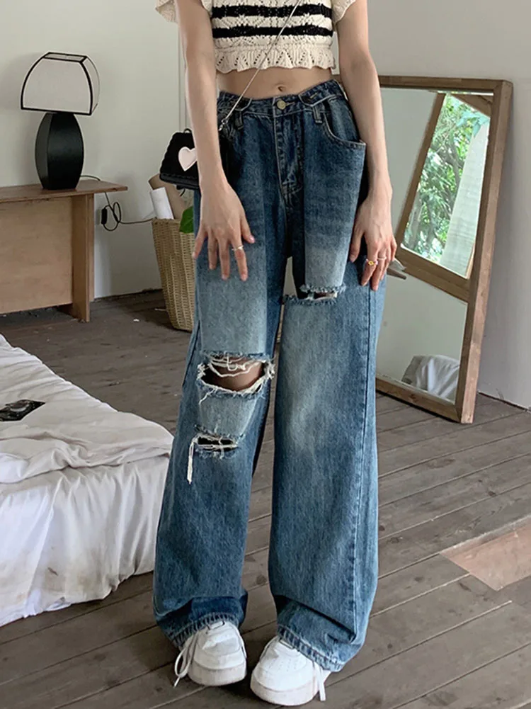XS-L 2022 Summer Woman high Adjustable Waist Ripped jeans streetwear trouser Hole Straight Long denim pants womens(Sy2050)