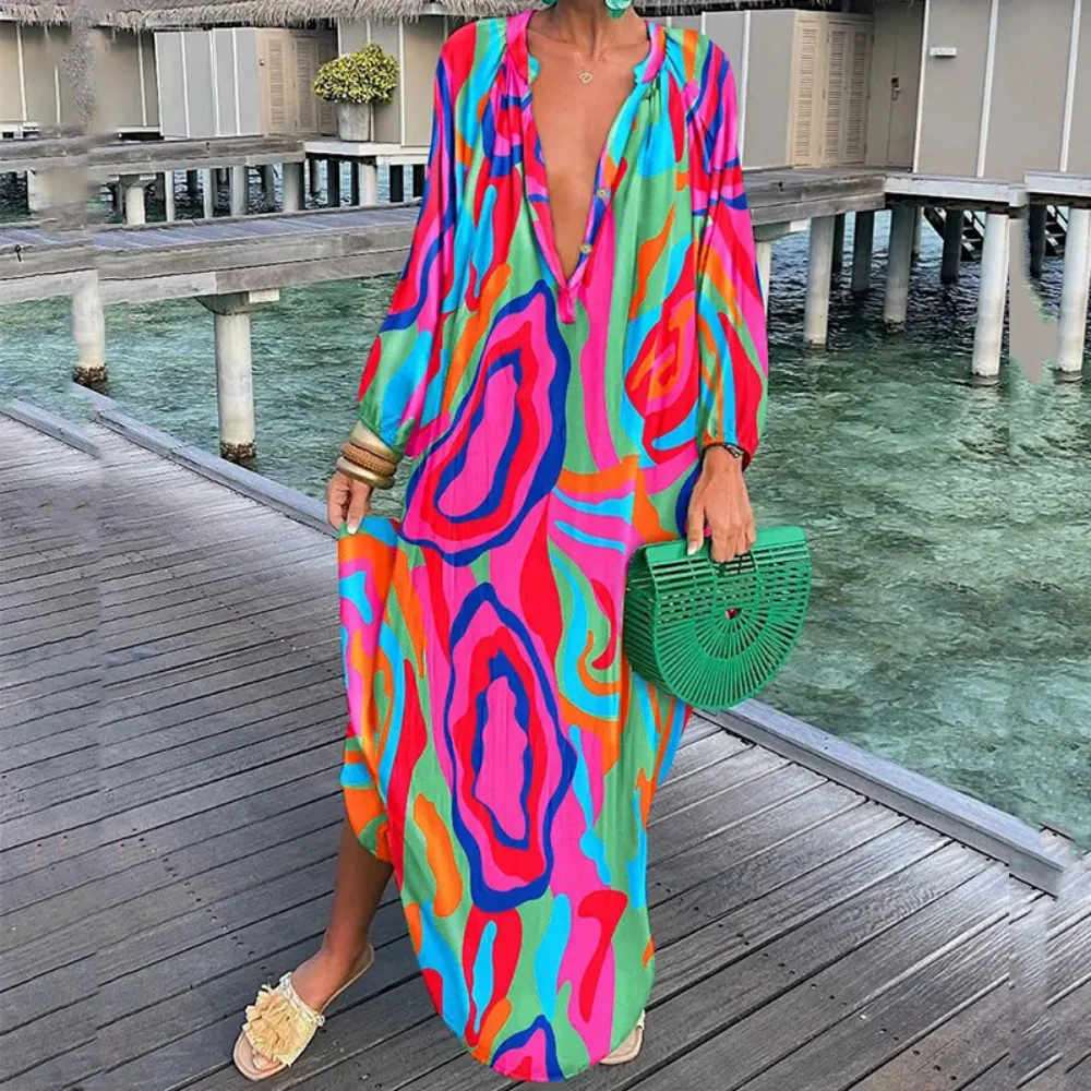 

Summer Maxi Beach Dress women Retro Fashion Print Casual Lantern Sleeve Long Spring Autumn Loose Boho