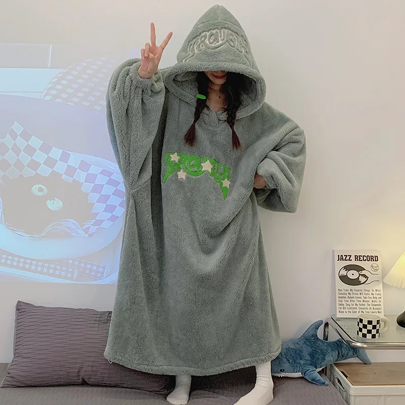 Свободная Ночная рубашка большого размера ночная с капюшоном халат женская