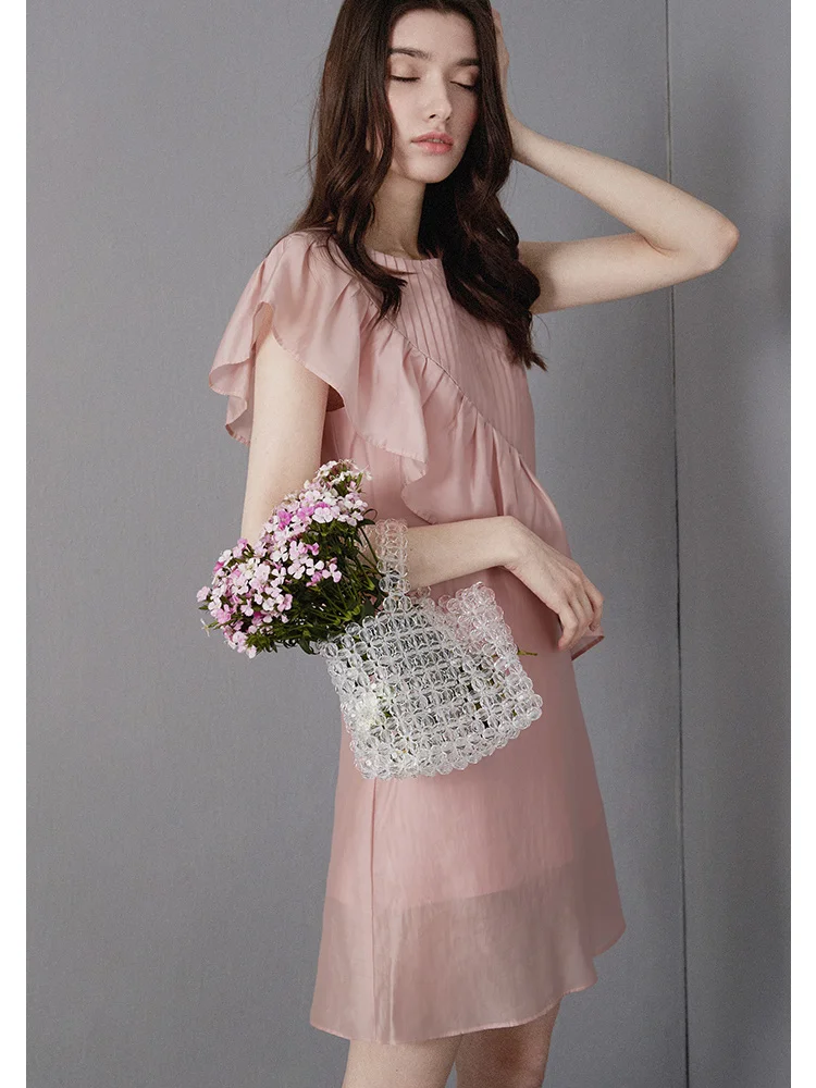 

Taro Purple One Piece Korea Dress Women Asymmetric Ruffle Straight Summer Dress Office Lady Chiffon Above Knee Robe Vestidos