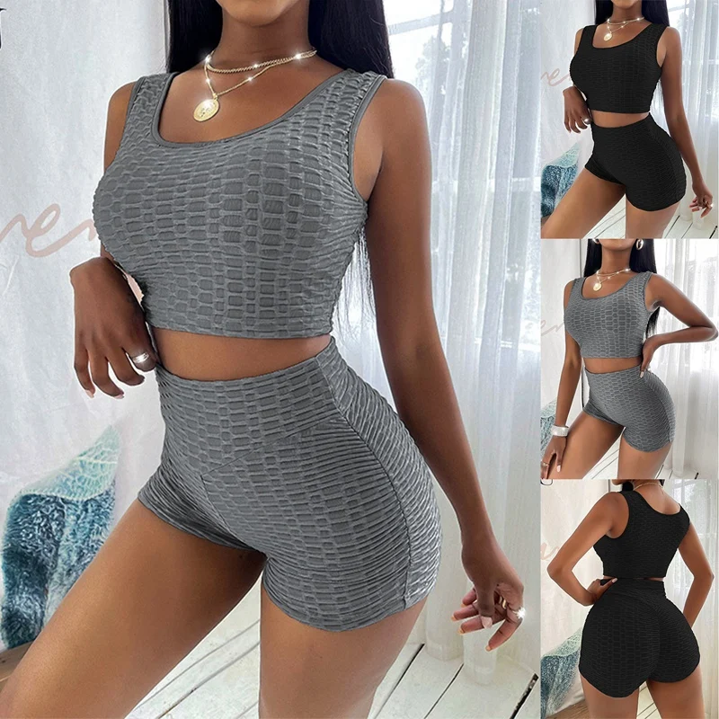 

Women's Pineapple Grid Solid Color Shorts Sports Vest Suit