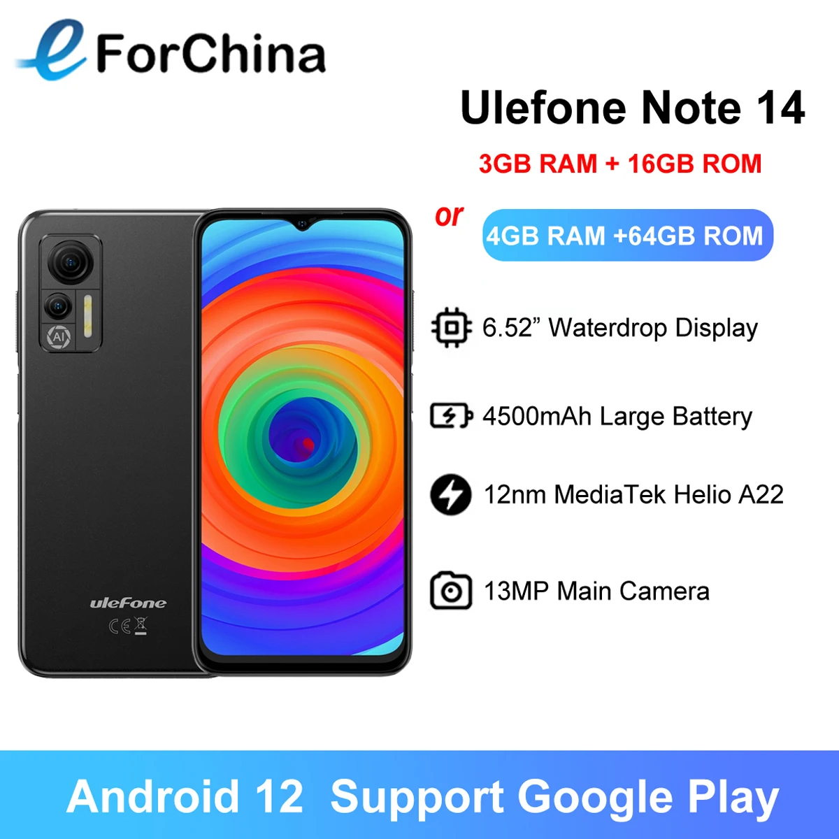 

Ulefone Note 14 Android 12 Smartphone 6.52" HD Screen Quad Core Up to 4GB+64GB 4500mAh Face Unlock Cellphones 4G Celular 13MP