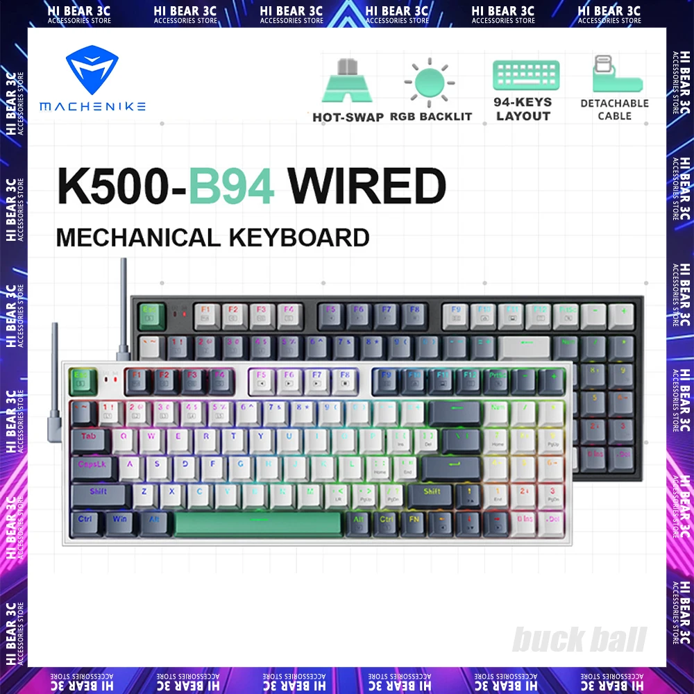 

Механическая клавиатура Machenike K500, динамическая Rgb клавиатура с подсветкой, горячая переключение, 94 клавиши, Проводная игровая клавиатура для ПК, геймера, Mac, аксессуары для ноутбуков