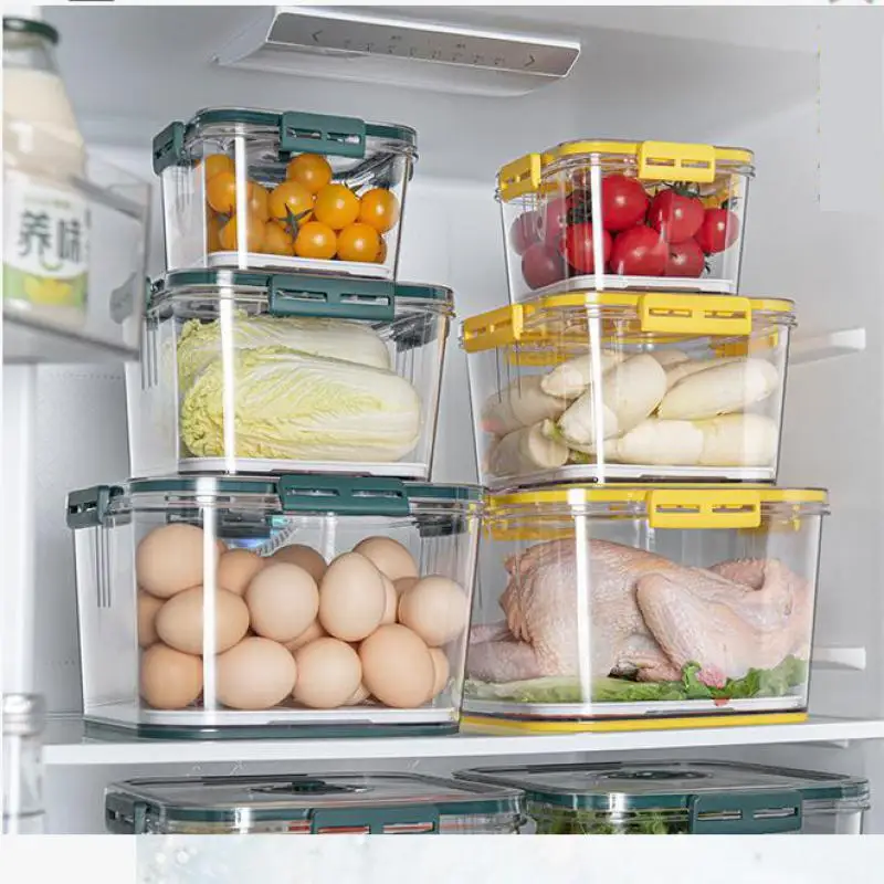 

Refrigerator Organizer Food Preservation Box Storage Container with Seal Lid Timer Drainer Transparent Hermetic Pot Plastic PET