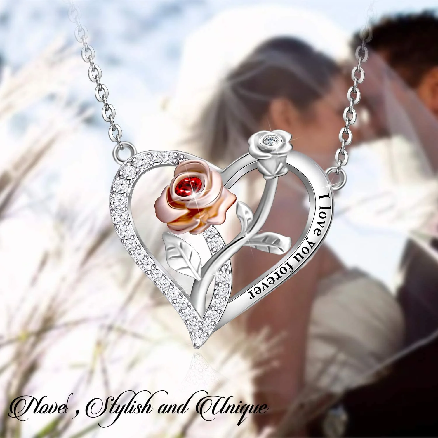 

Exquisite Heart Rose Rose Flower Necklace for Women Lettering Ruby Pendant Valentine's Day Jewelry Gift Wedding Anniversary Gift