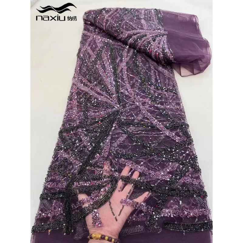 

2023 нигерийская фиолетовая кружевная ткань с блестками, Высококачественная французская кружевная ткань с бисером, африканская Тюлевая круж...