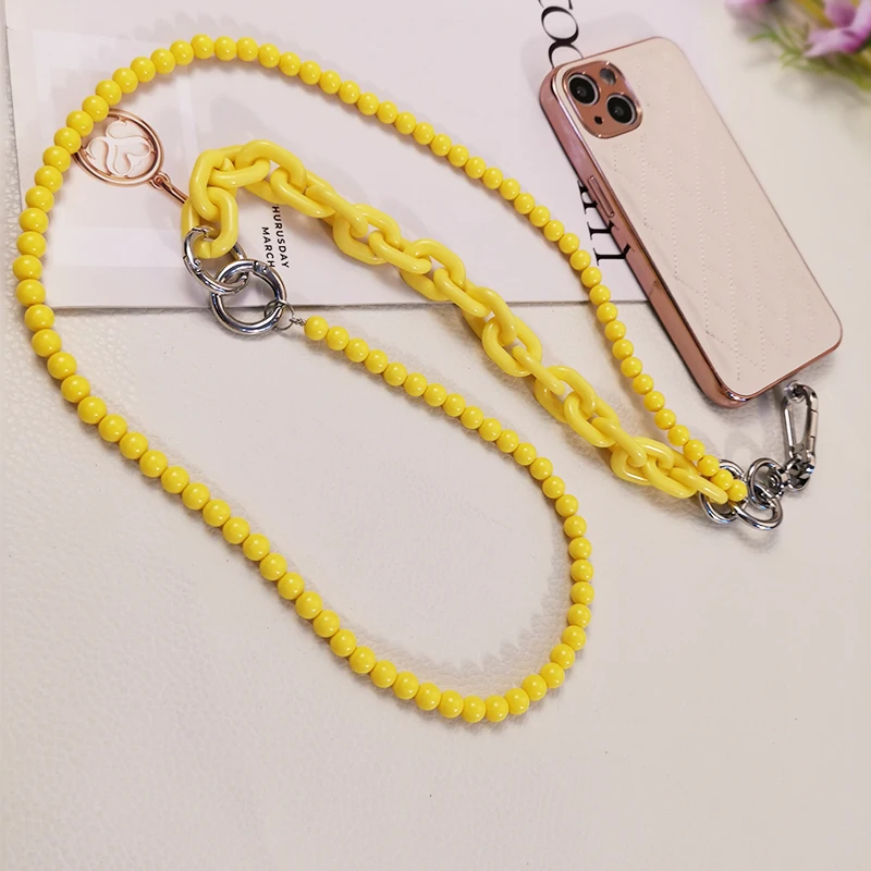 

Long Crossbody Hanging Chain Mobile Phone Lanyard with Clip Universal Lanyard Yellow Fashion Chain Pendant Round Bead Pendant