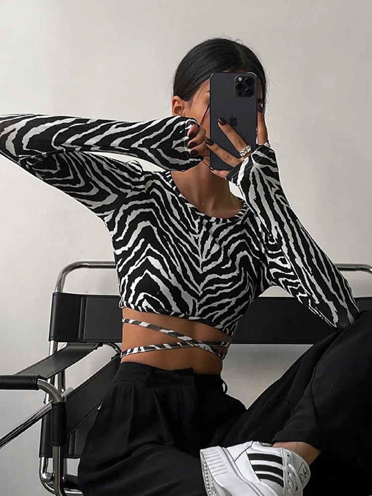 

Women Zebra Print Backless Long Sleeve Crop Top 2022 Lace Up Y2k T Shirt Female Party Sexy Short Tees Summer Spring Yuqung