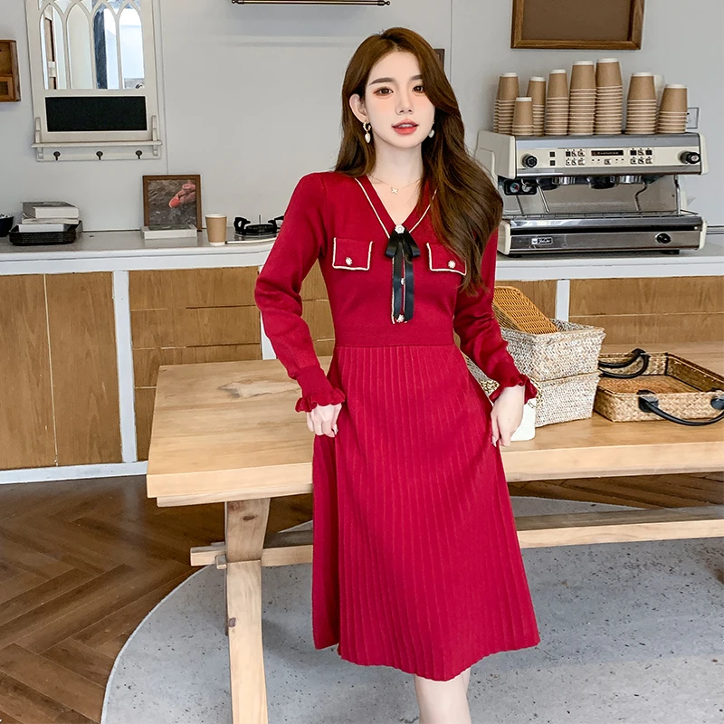 

Red Knitted Dresses for Women Spring 2023 Women's Sweater Knit Dress Korean Fashion Elegant Robe