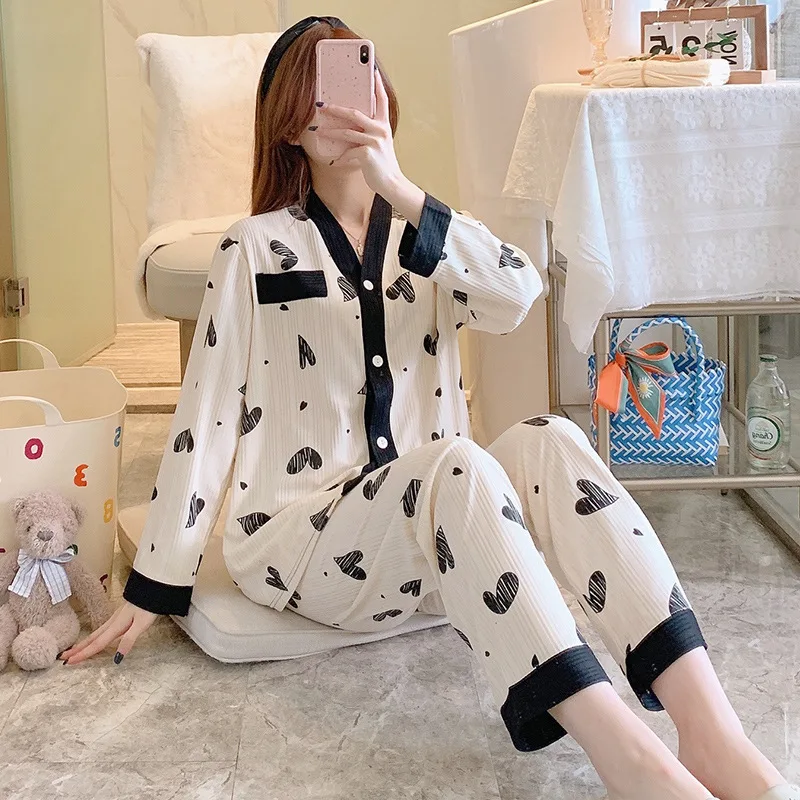 

Lady Spring Autumn New Fashion Cotton Suit Women Long Sleeve Soft Comfortable Nightclothes Loose Leisure Pajama Set Sleepwear