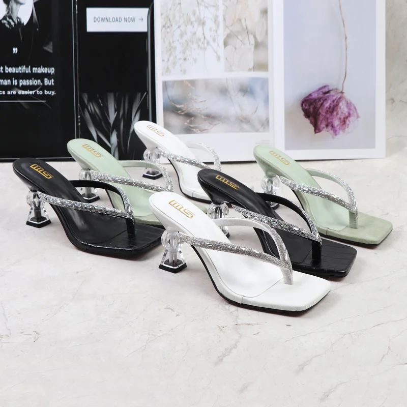 

Spring and Summer New High Heel Rhinestone Clamping Women's Shoes Wear Thin Heel Solid Color High Heels Outside