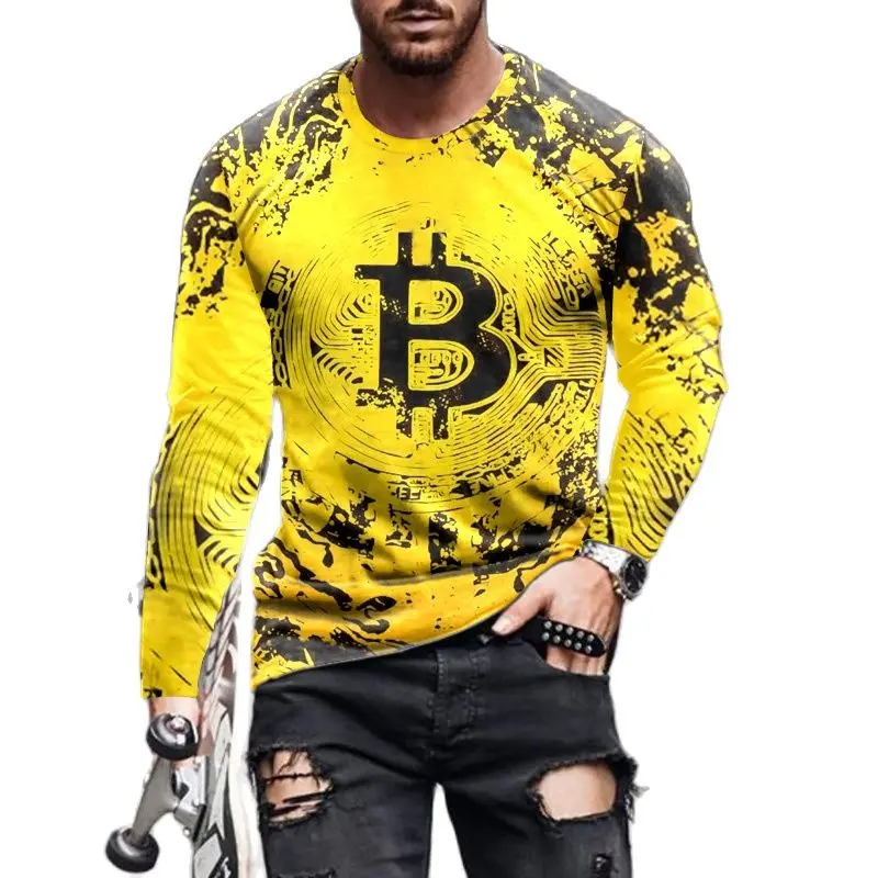 

Fashion Bitcoin Graphic 3D Pringted Men's T-shirts Spring Streetwear Round Neck Long Sleeve Casual Loose Tops Tee Men Clothing