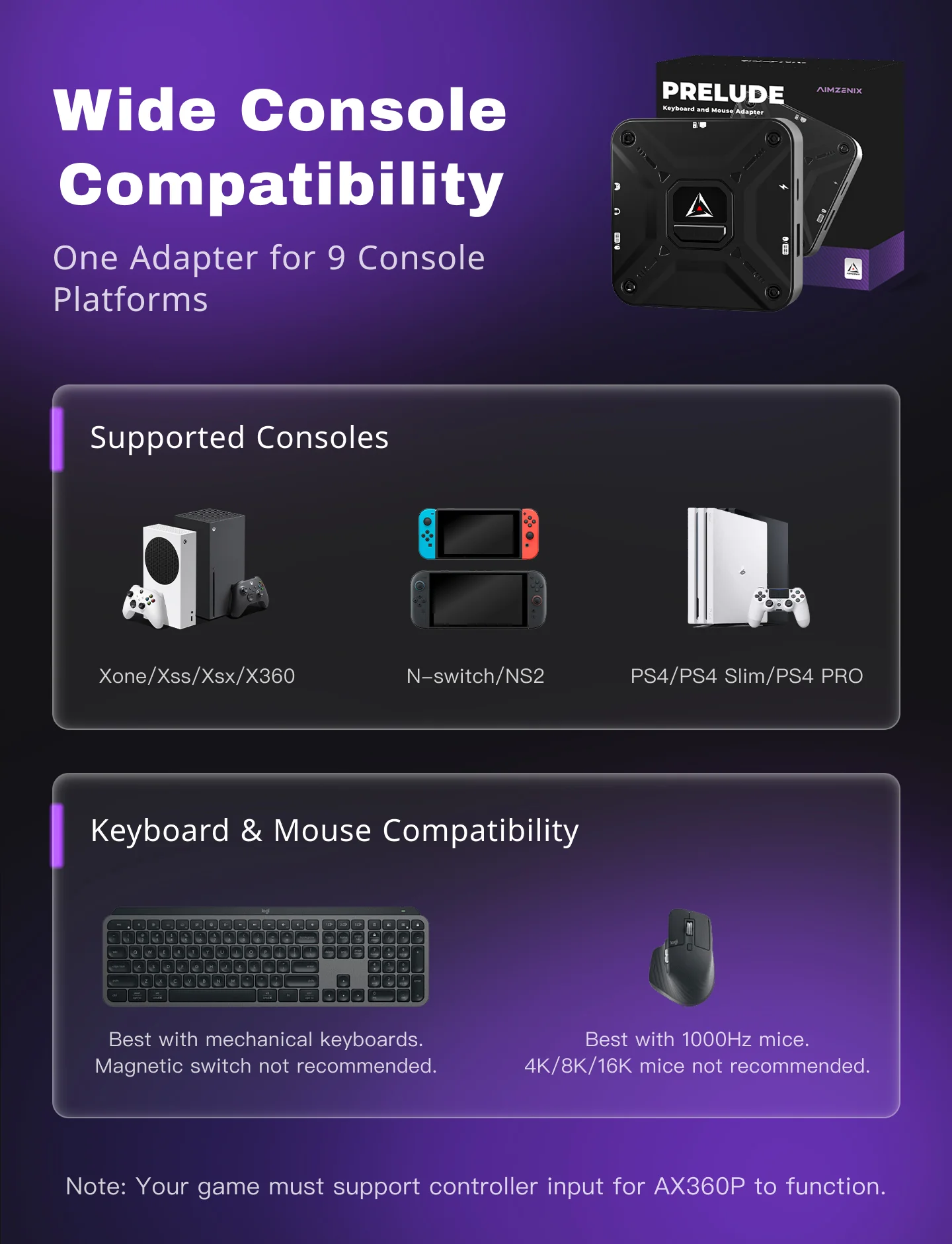 Фото Адаптер для клавиатуры и мыши AIMZENIX AX360P для Xbox/PS4/NS, конвертер для консольных FPS-игр, настройка через мобильное приложение 【Новая версия 2026 года】 №3