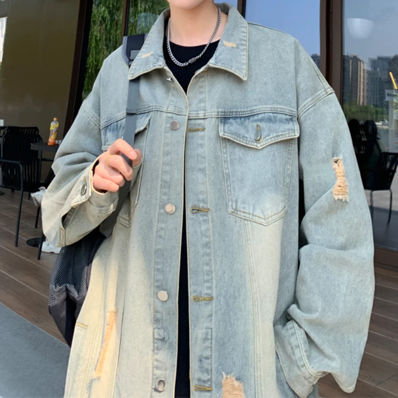 Осенняя джинсовая куртка со сломанными дырками Мужское пальто в ретро-стиле