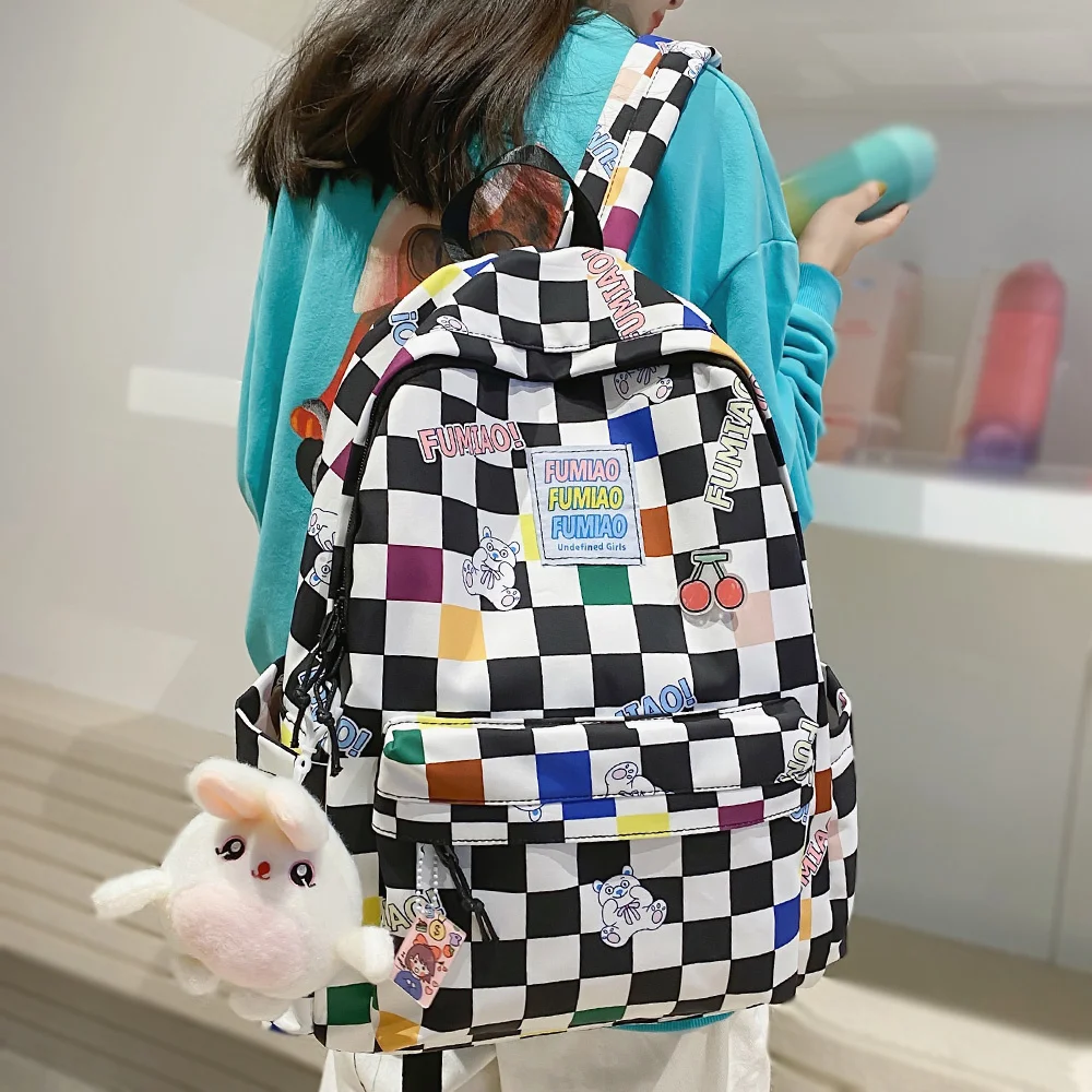 

New Lady Lattice Travel Cartoon Bag Female Plaid Cute College Backpack Trendy Women Bag Girl Cool Kawaii Laptop Backpack