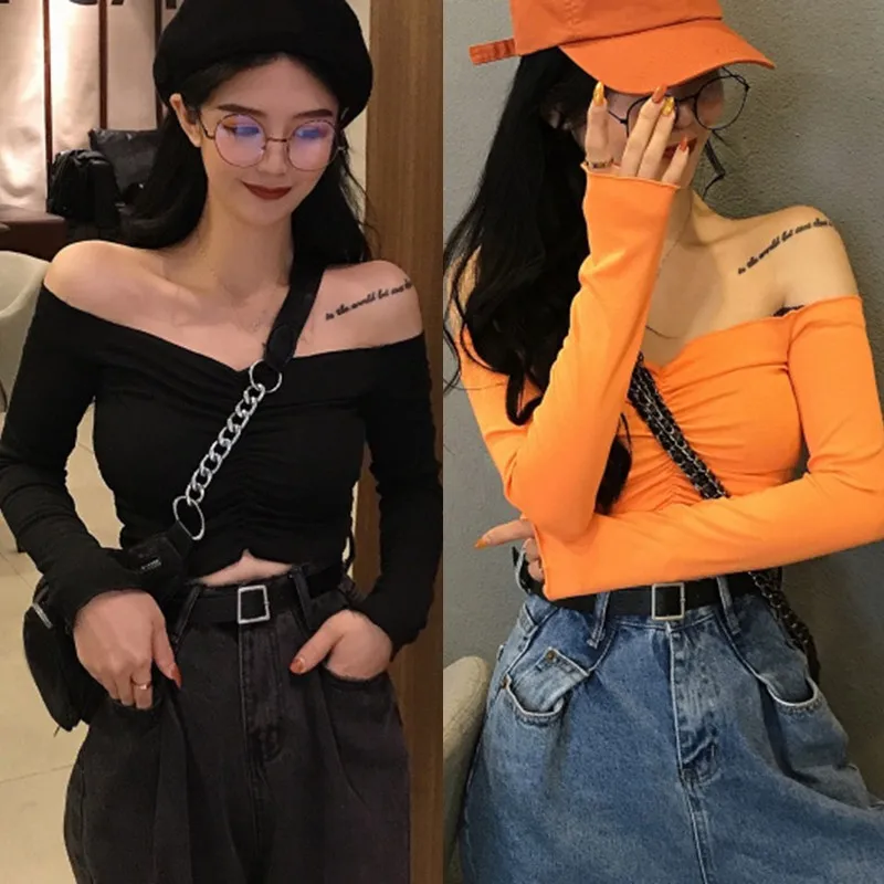 

Women Sexy Off Shoulder Slash Neck Casual Long Sleeve Crop Top Korean top
