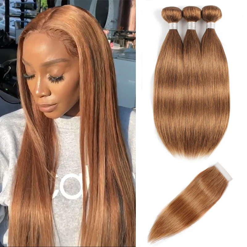 Color 30 Ginger Blonde Straight Bundles with 4x4 Lace Closure Quality Pre-Colored Silky Remy Human Hair Extension MOGUL HAIR
