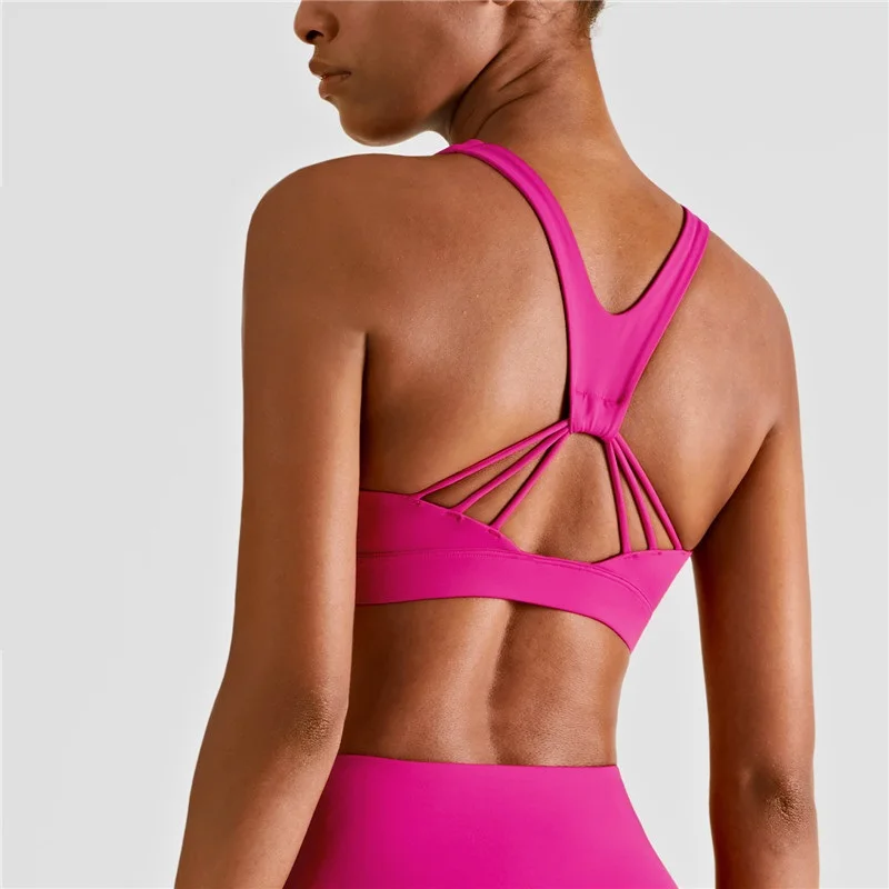

Solid Color Back Cross Women Fitness Bra Tight Sport Tank Top Shockproof Support Gym Clothes Yoga Vest With Removable Chest Pad