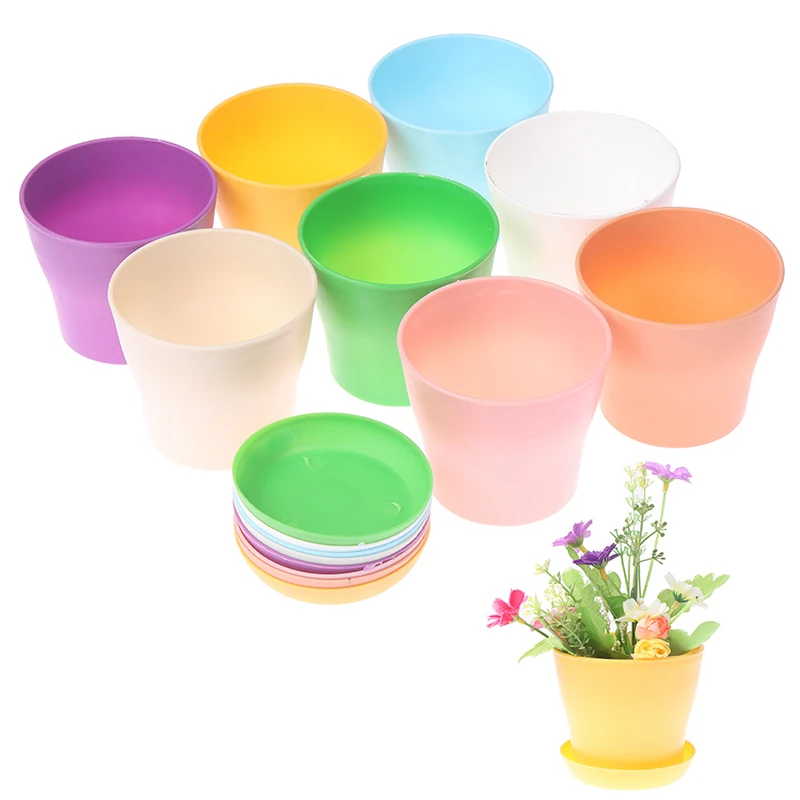 

5pc Flower Pot Colorful Durable Resin Plant Flower Pot Gloss Planter Home Garden Decoration With A Saucer Tray Drainage Holes