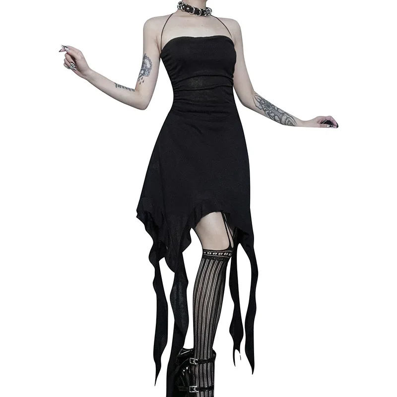 

Black Gothic Irregular Dress Emo y2k Punk Dress Dark Aesthetic Grunge Asymmetrical Hem Halter Sleeveless Alt Goth Dresses