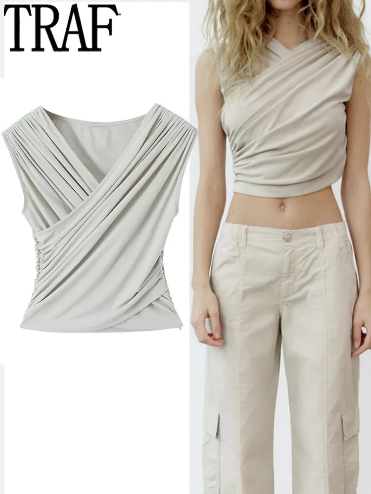 

Кроп-Топ женский с рюшами и запахом, без рукавов