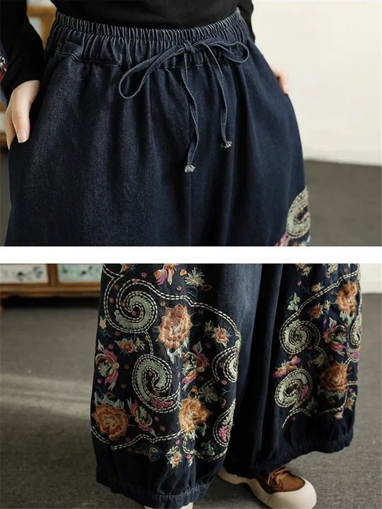 Женские винтажные тяжелые джинсы свободные длинные брюки из денима с вышивкой и