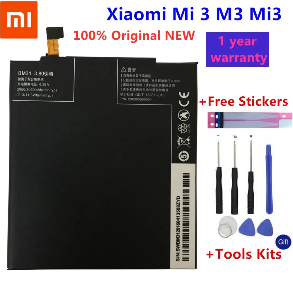 

Оригинальный сменный аккумулятор Xiao mi для Xiaomi Mi 3 M3 Mi3 BM31, оригинальный аккумулятор для телефона 3050 мАч + Подарочные инструменты + наклейки