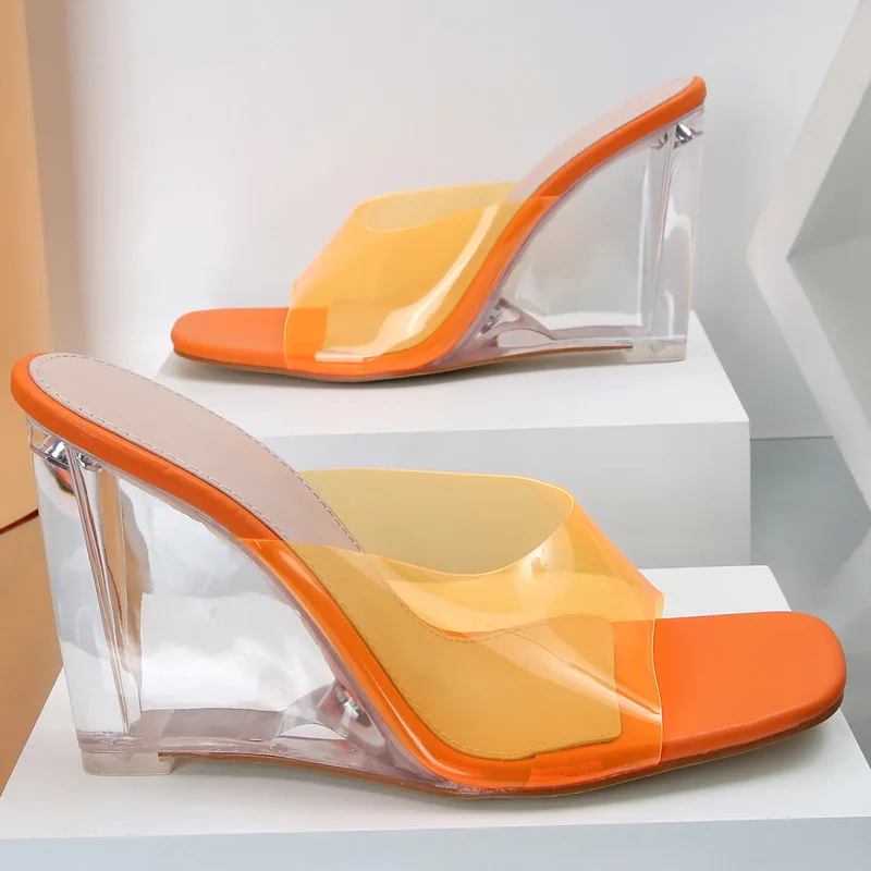PVC Transparent Fashion Wedge Slippers Rome Style Sweet Orange Silver Crystal Plexiglass Heel Women Outdoor Party Shoes