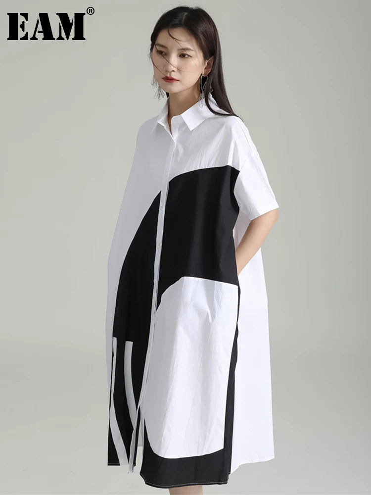 

[EAM] Women White Color-block Big Size Midi Shirt Dress New Lapel Short Sleeve Loose Fit Fashion Tide Spring Summer 2023 1DF9317