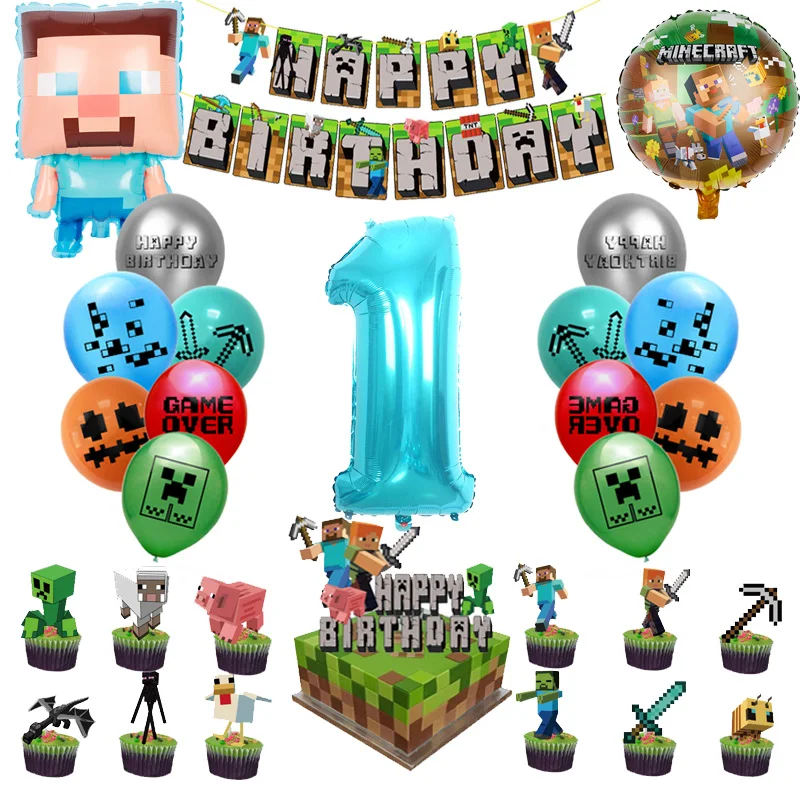 

1Set Metalworker Pickcrafter Games Birthday party Decorations Banner Caketopper Filo Balloon For Kilds Baby Shower Supplies