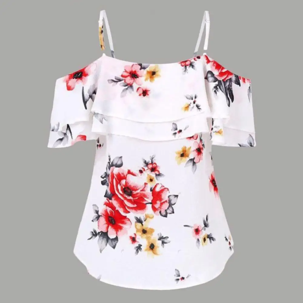 

HOT Summer Women Spaghetti Strap Off Shoulder Floral Print Ruffled Chiffon Blouse