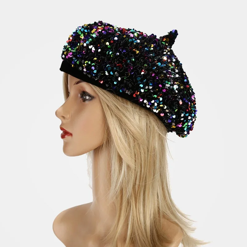 

Women's sequins Berets Hats Artist Style Keep Warm Winter Beanie Hat Retro Plain Shopping Elegant Lady All Matched Autumn Caps