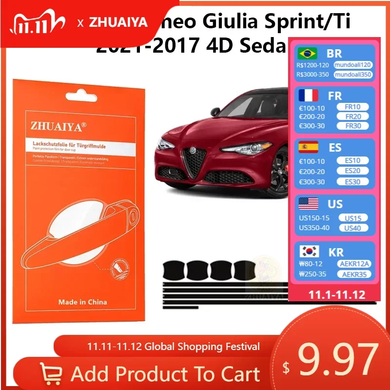 

Защитная пленка ZHUAIYA для красок дверной ручки, ТПУ PPF для Alfa Romeo Giulia Sprint/Ti 2021-2017 4D Sedan