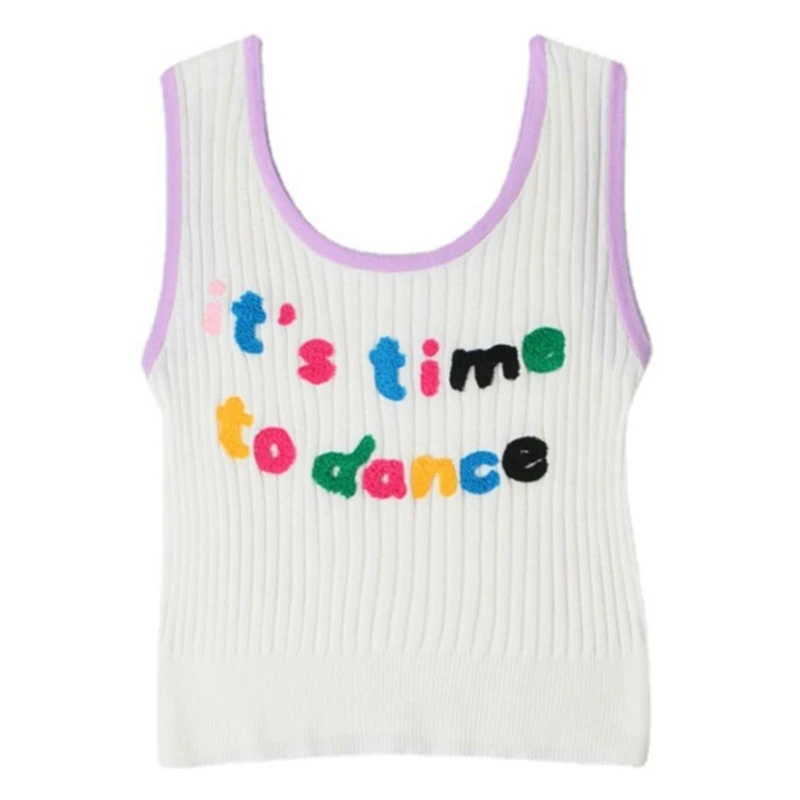 

573B Women Sleeveless O-Neck Crop Tank Top Cute Colorful Letters Embroidery Ribbed Knit Sweater Vest Colorblock Slim Jumper