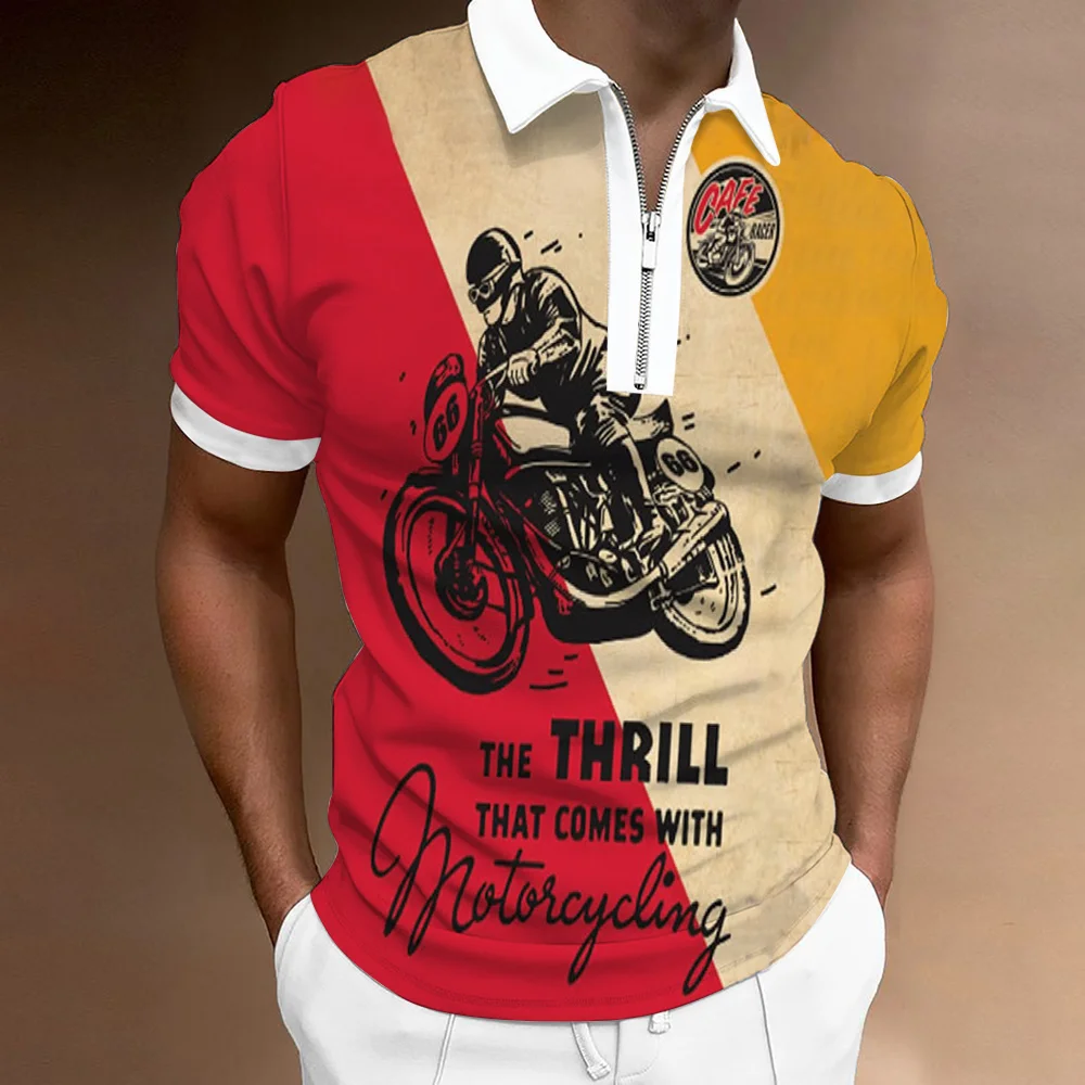 

Fashion 3D Motorcycle Print Polo Tshirt Men Summer Vintage Zipper Lapel Shorts Sleeve Business Casual Clothes Male Polo Top