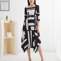 miyake printed pleated dress for women new 2022 autumn waist controlled lace up slimming and fashionable irregular big dress y2k