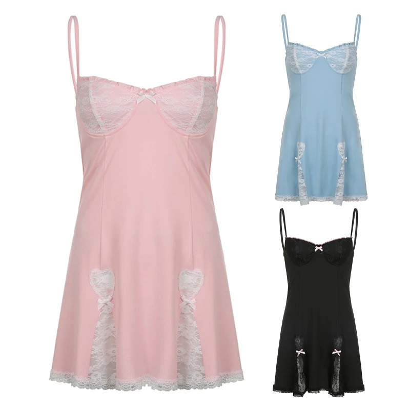 

Women Summer Sexy Spaghetti Strap Low Cut V-Neck Mini Dress Sweet Aesthetic Bowknot Retro Lace Patchwork Solid Color Party P8DB