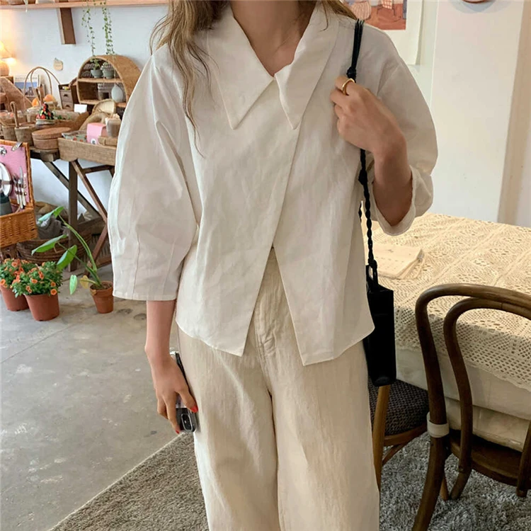 

New 2021 Summer Turn-down Collar Split Oversize Fashionable Tops Women Blue tshirt Casual Three Quarter Puff Sleeve T-Shirt