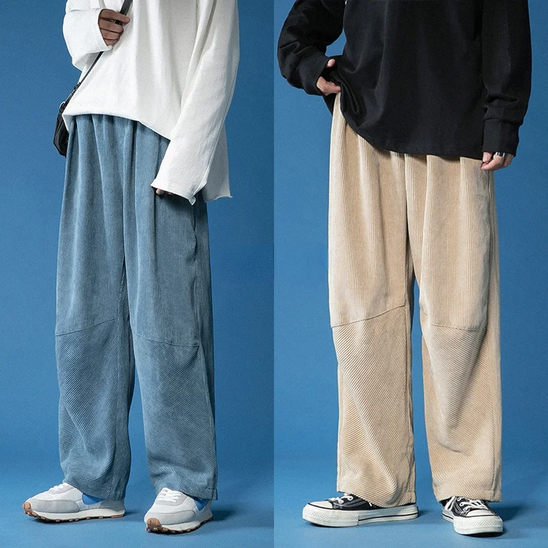 

2021 Spring Casual Pants Men Japanese Retro Corduroy Trousers Fashion Elastic Waist Loose Straight Mens Sweatpant