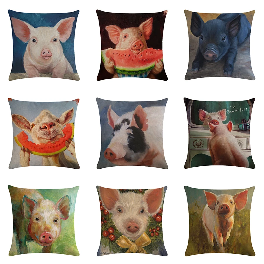 

Customizable Sofa Chair Alpaca Pillow Cover Living Room Farmhouse Home Oil Painting Animal Pink Pig Faux Linen Cushion Cover