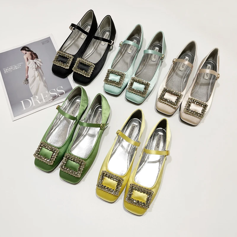 

Square Toe Women Flats Candy Color Rhinestone Crystal Buckle Flats Heeled Mary Loafers Belt Design Black Blue Green Beige Yellow
