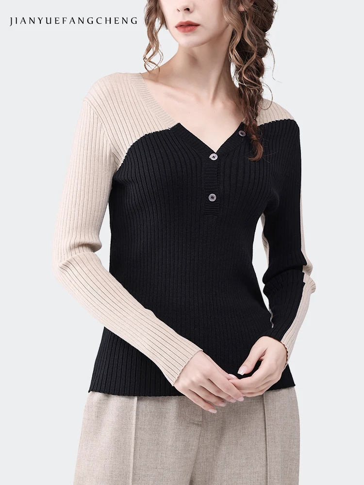 Женский трикотажный свитер с V-образным вырезом и длинным рукавом