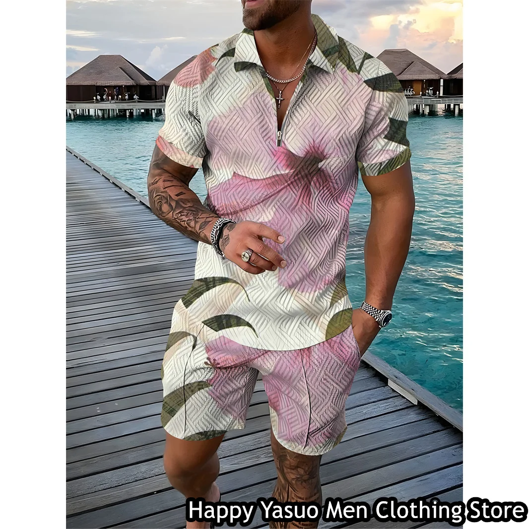 Summer Men Fashion Polo Shirt Set Coconut Print Tracksuit 2 Pieces Casual Outfit Male Suit Retro Style Clothing Streetwear