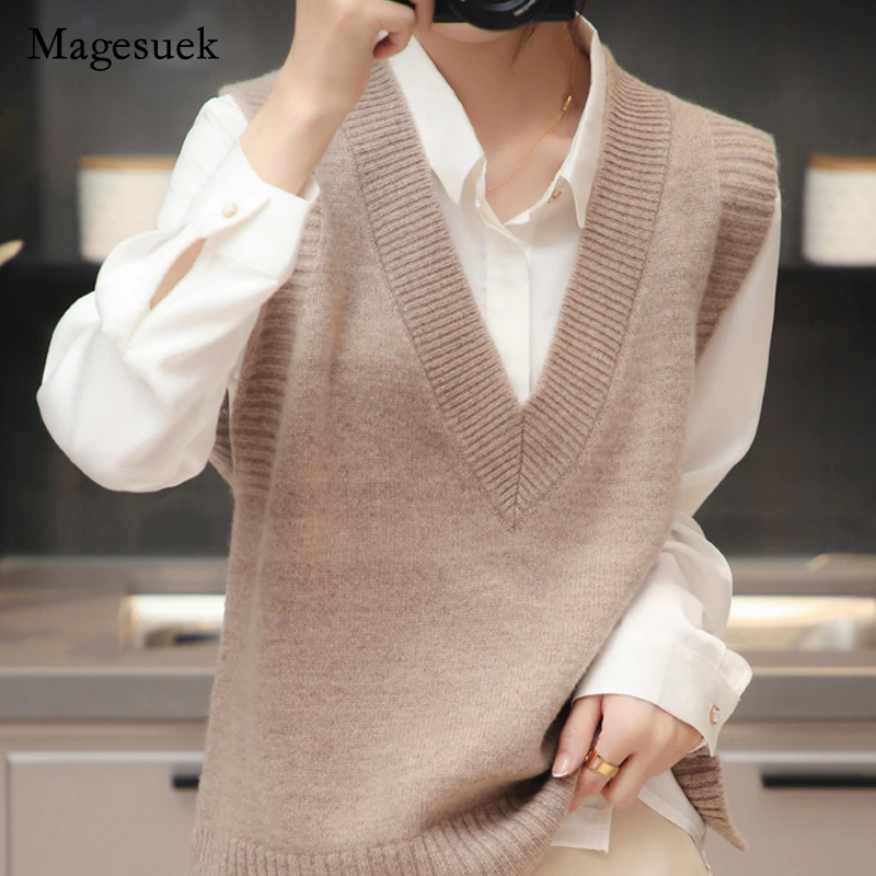 Женский вязаный свитер-жилет свободный Однотонный пуловер без рукавов с
