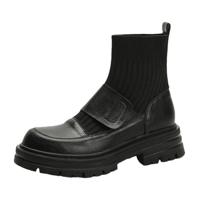 Women Platform Chelsea Sock Boots Autumn Winter New Fashion Ankle Genuine Leather Casual Shoes Motorcycle Botines De Mujer Sexy